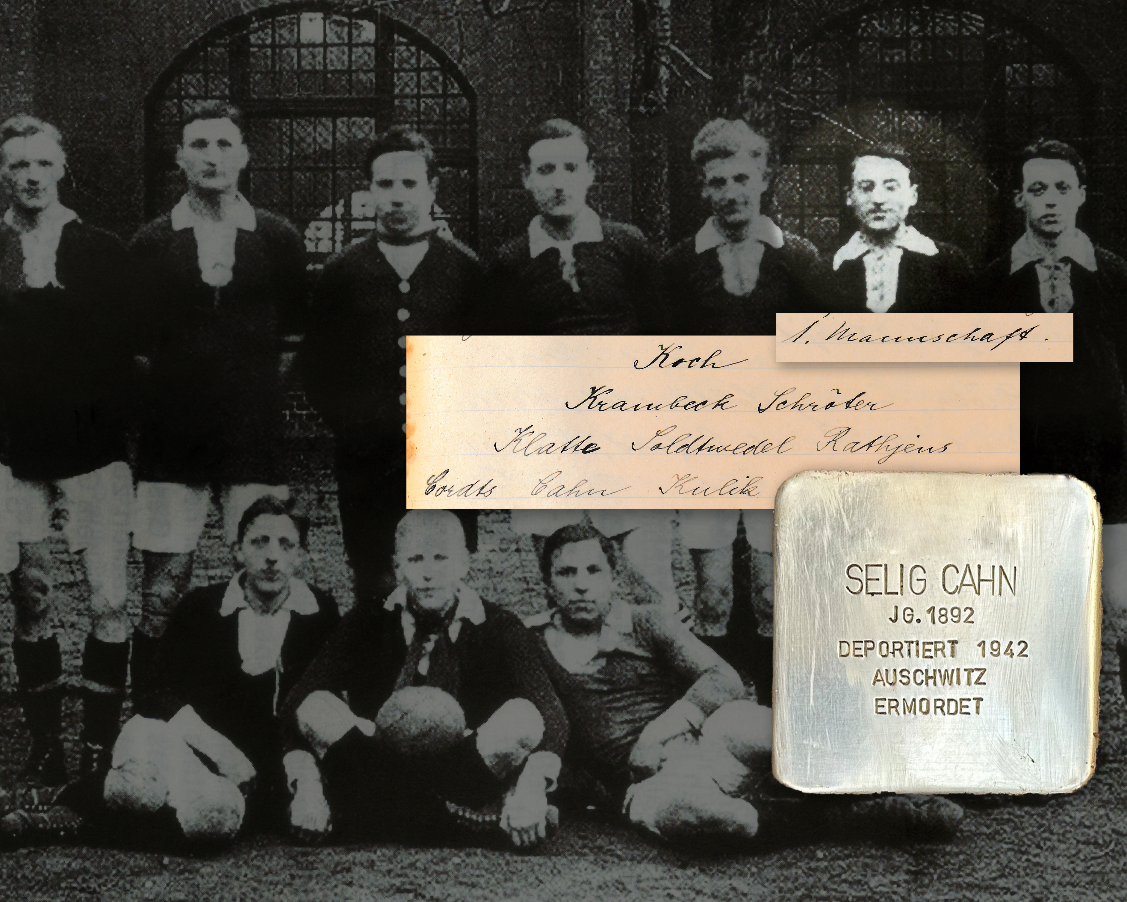 Schwarz-Weiß-Foto einer Fußballmannschaft des FC St. Pauli. Stolperstein für Selig Cahn und Auszüge aus einer vergilbten Mannschaftsaufstellung